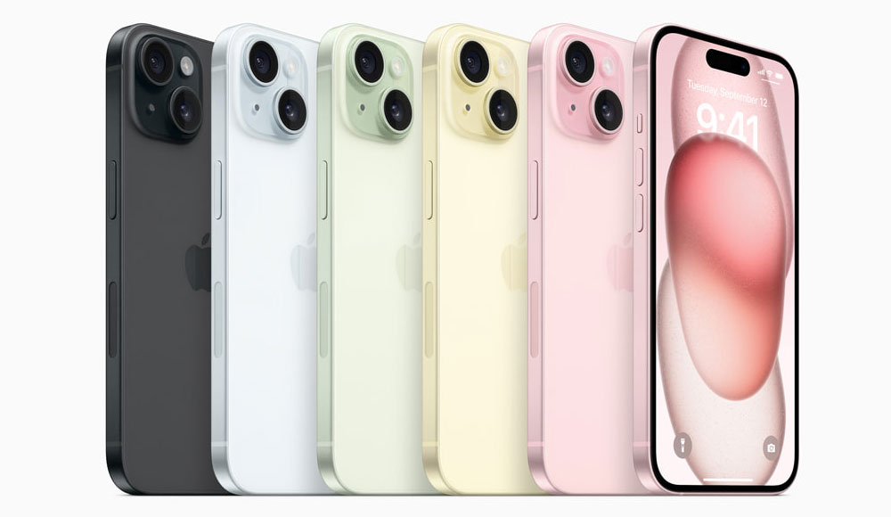 iPhone 15 is available in black, blue, pink, green, and yellow.