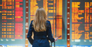 young female traveler with luggage at airport checking flights